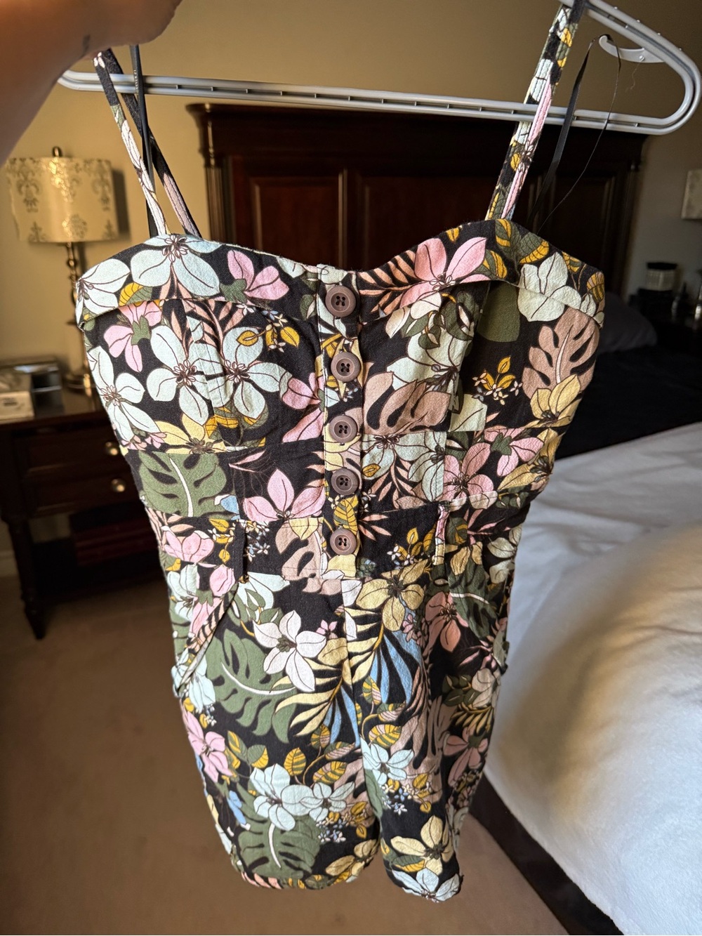 Forever 21 Black Floral romper  with Yellow, Green and Pink Accents